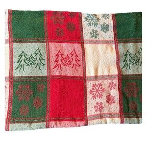 Vintage Christmas Tablecloth Red Green Plaid Tree Snowflakes Sparkle 74x54